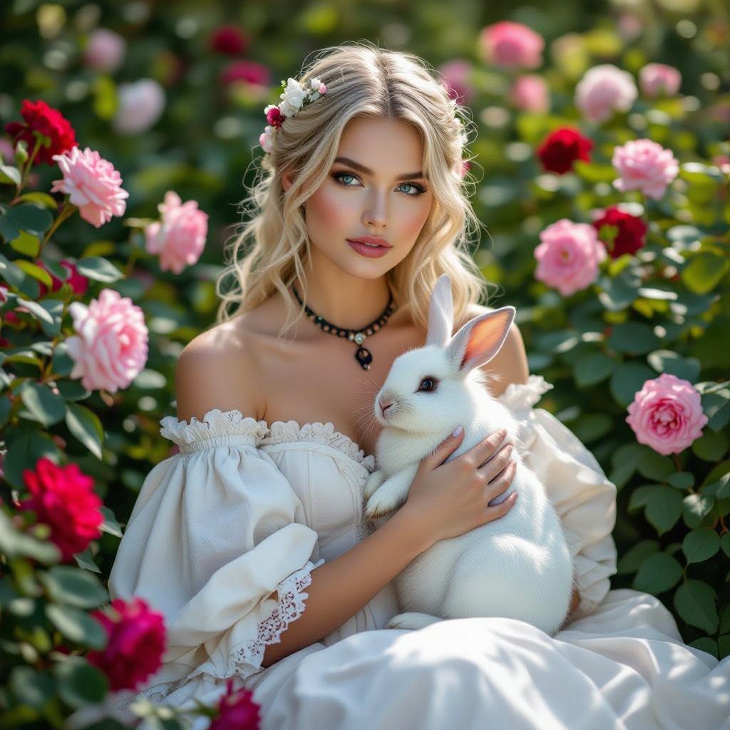 A beautiful young woman with blonde hair and blue eyes, wearing a white dress and holding a white rabbit, sits in a garden filled with pink and red roses.