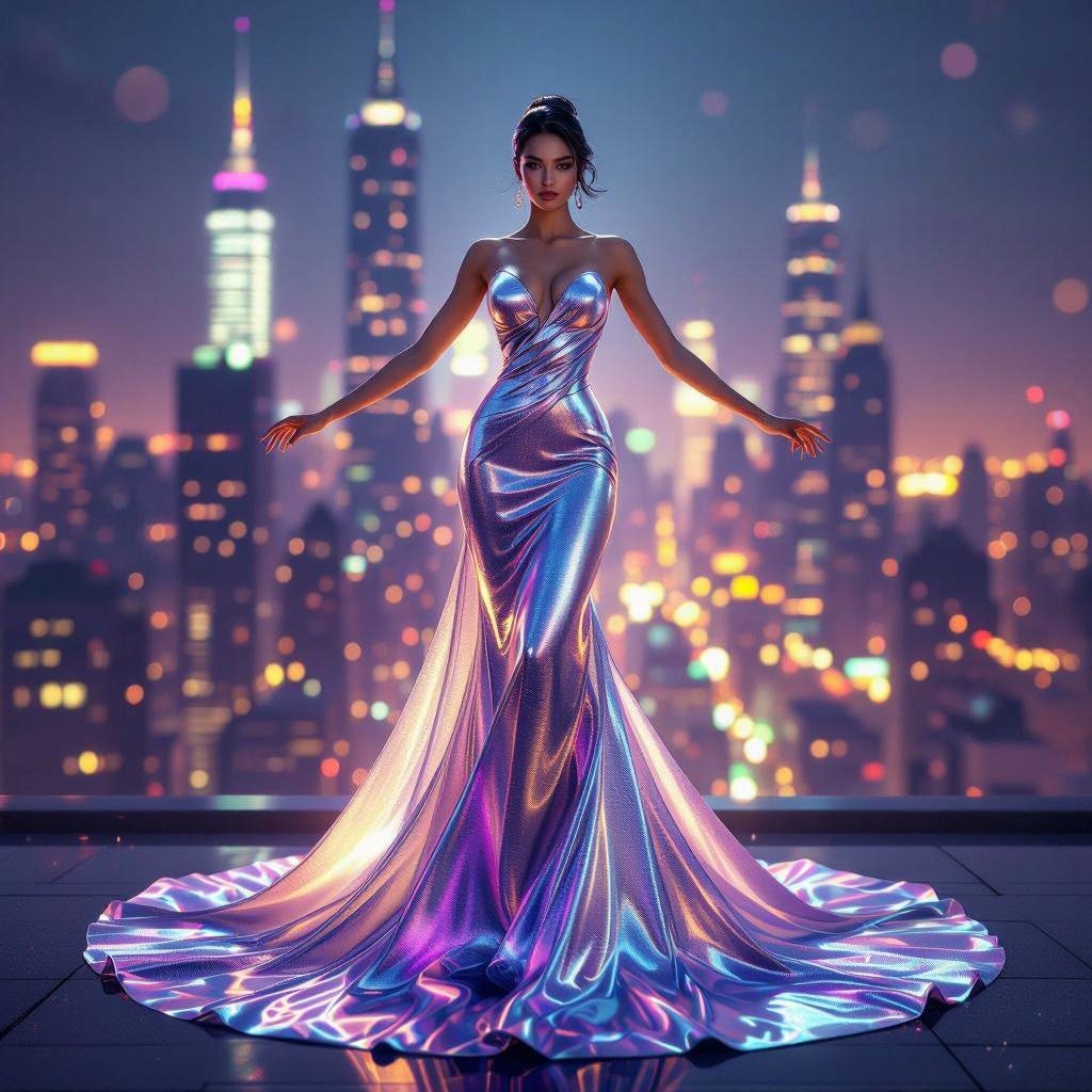 A woman in a shimmering silver and purple mermaid-style gown stands against a blurred city skyline at night.