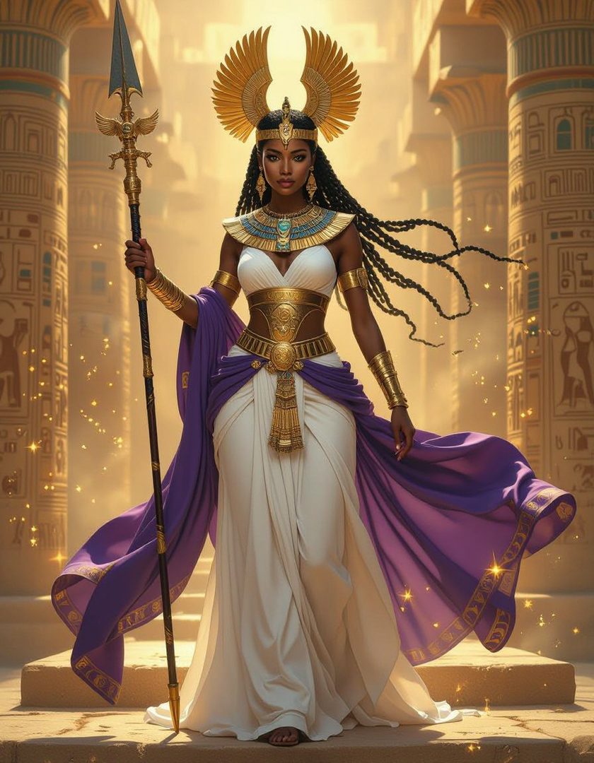 A photorealistic portrait of a powerful Egyptian warrior queen standing in an ancient temple, holding a spear and adorned with golden regalia.