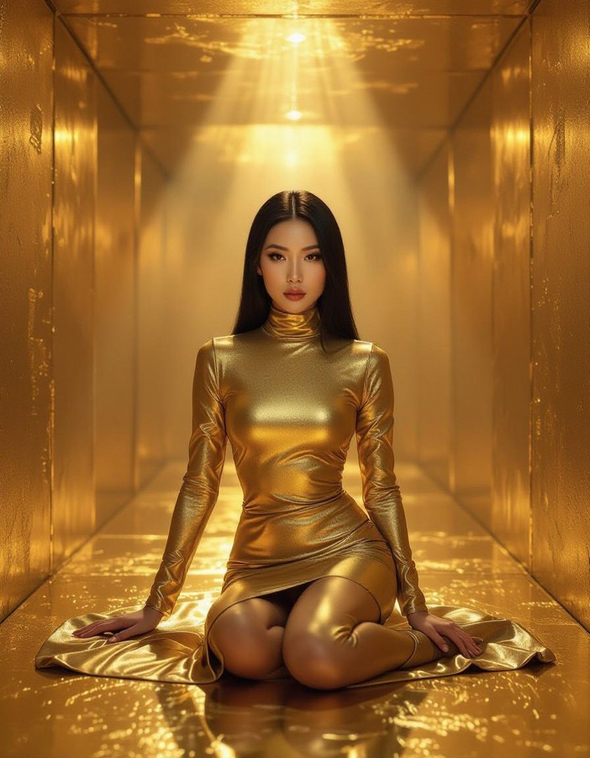 A woman in a shimmering gold dress kneels in a golden hallway with dramatic lighting.