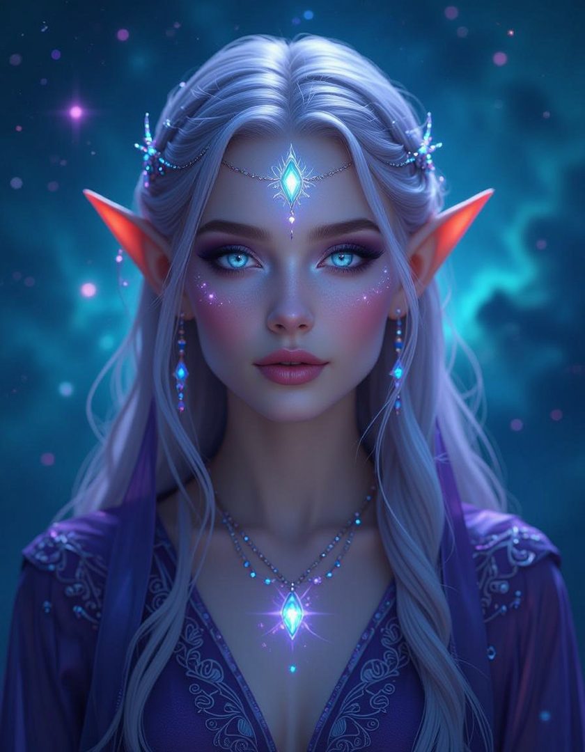 A beautiful AI-generated portrait of an elf woman with long white hair, striking blue eyes, and pointed ears, adorned with glowing jewelry and wearing a purple dress, set against a dreamy, starry blue background.