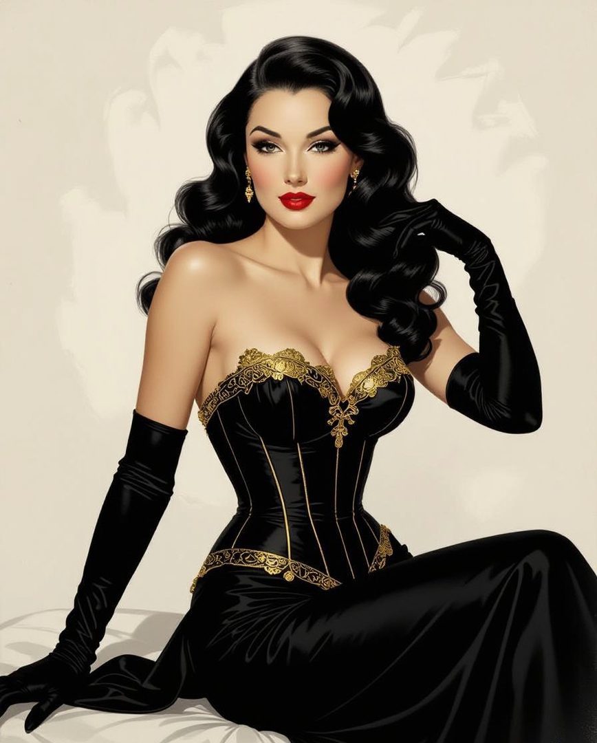 A glamorous woman with long, wavy black hair and red lipstick, wearing a black corset dress with gold trim and long black gloves, posing elegantly.