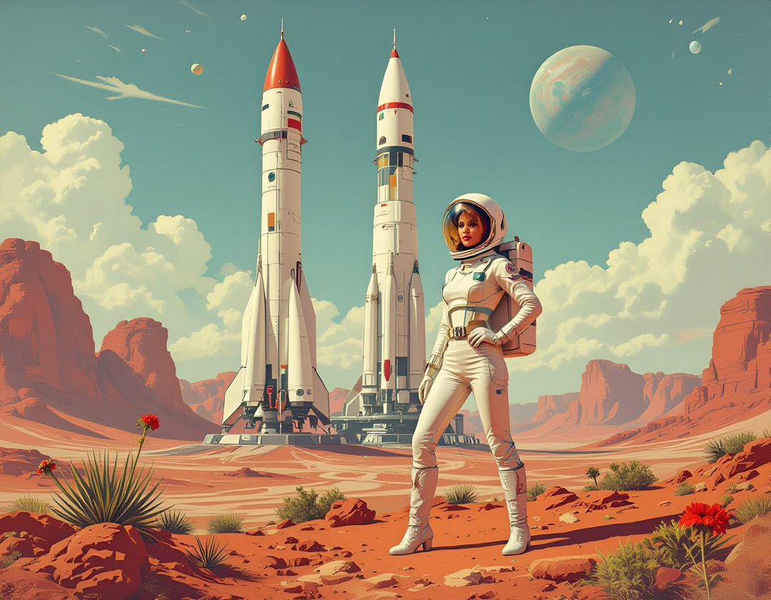 A woman in a white astronaut suit stands in a desert landscape with rockets and a planet in the sky.