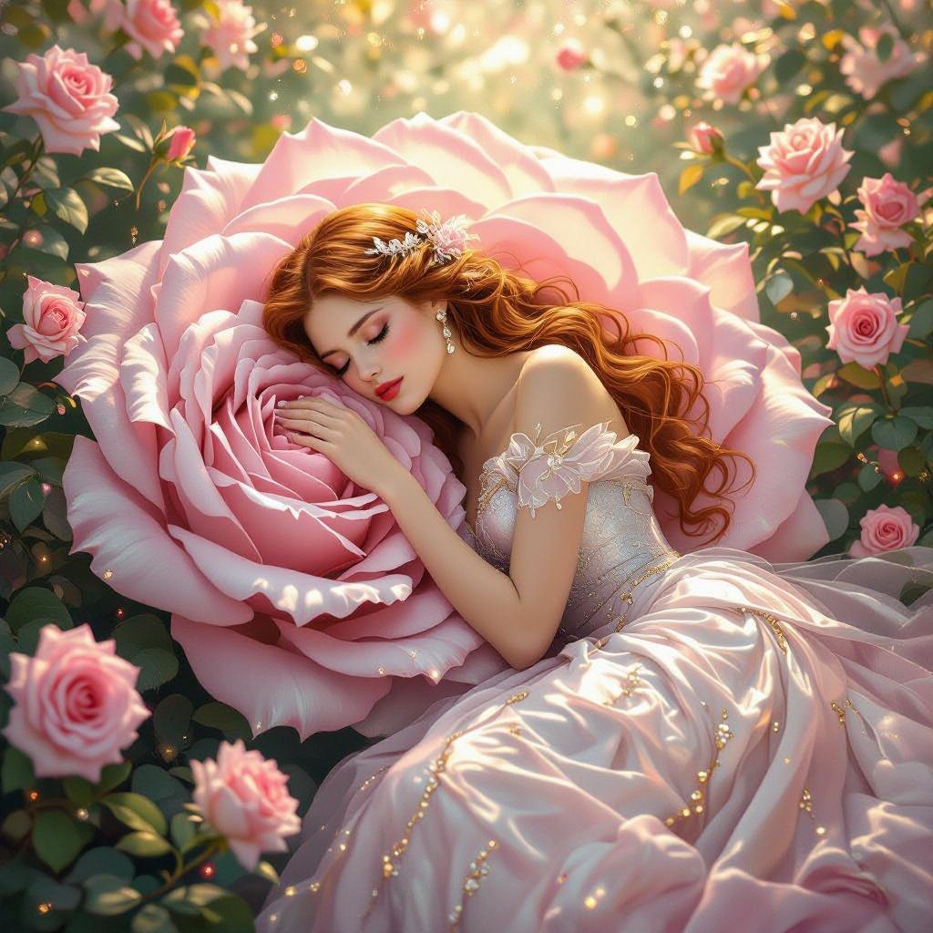 A beautiful woman with long, wavy red hair sleeps peacefully on a giant pink rose, surrounded by smaller roses and soft, glowing light.