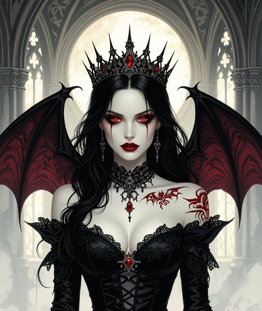 A gothic vampire queen with black hair, red eyes, and bat wings, wearing a black crown and dress, posing indoors.