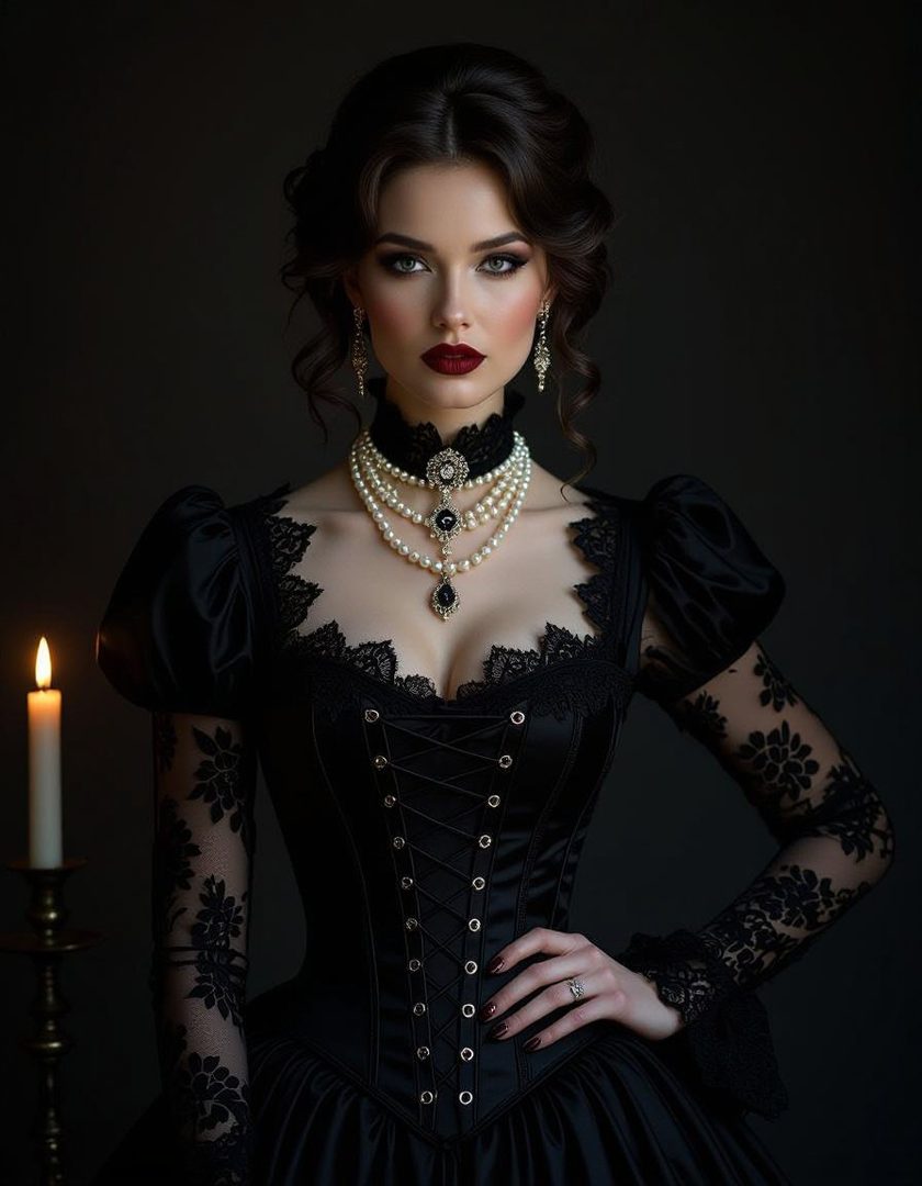 A beautiful woman in a black gothic dress with pearls and lace, posing indoors with a candle.