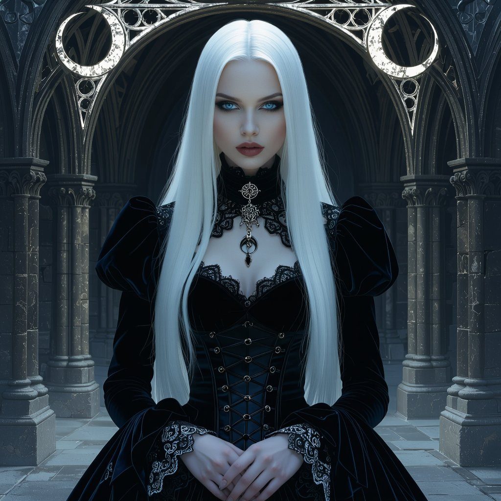 A photorealistic portrait of a woman with long white hair and striking blue eyes, wearing an elegant black gothic dress with lace details, standing in a dimly lit, ornate hall with gothic architecture.