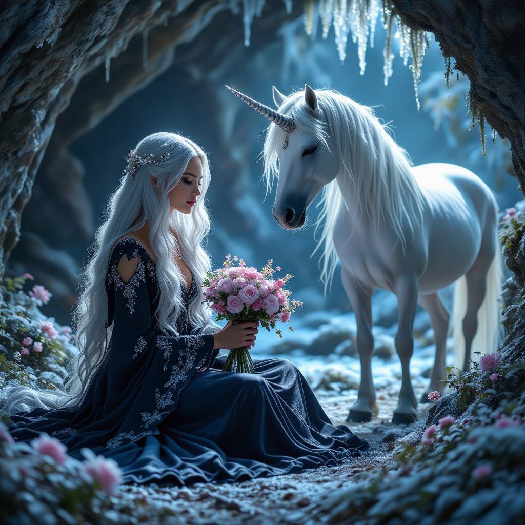 A beautiful woman with long white hair sits in a snowy cave, holding a bouquet of pink roses, while a white unicorn stands beside her.