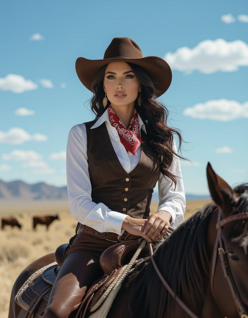 A beautiful woman dressed as a cowgirl, wearing a cowboy hat, vest, and bandana, rides a horse in a dry, open field with cattle in the background.
