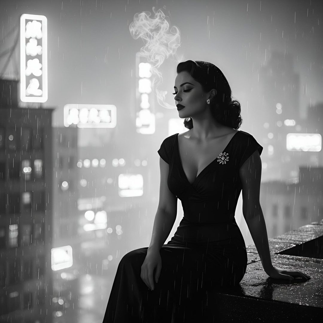 A glamorous woman in a black dress sits on a rooftop at night, with neon signs and rain in the background.
