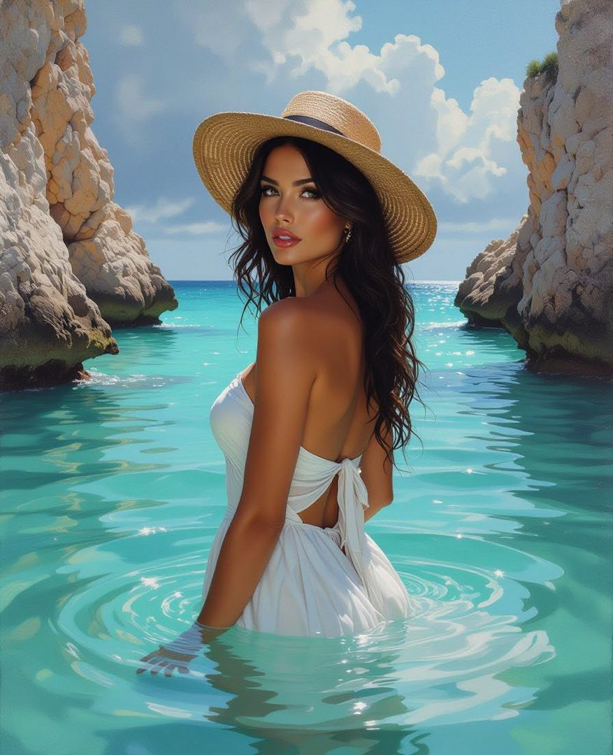 A beautiful woman with long dark hair and a straw hat stands in turquoise water, wearing a white dress.