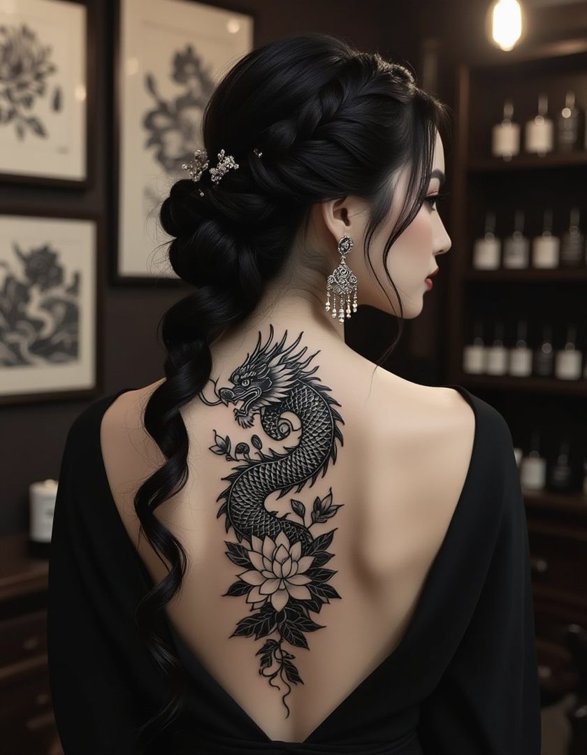 A woman with a large dragon tattoo on her back, styled with an elegant braid and earrings.