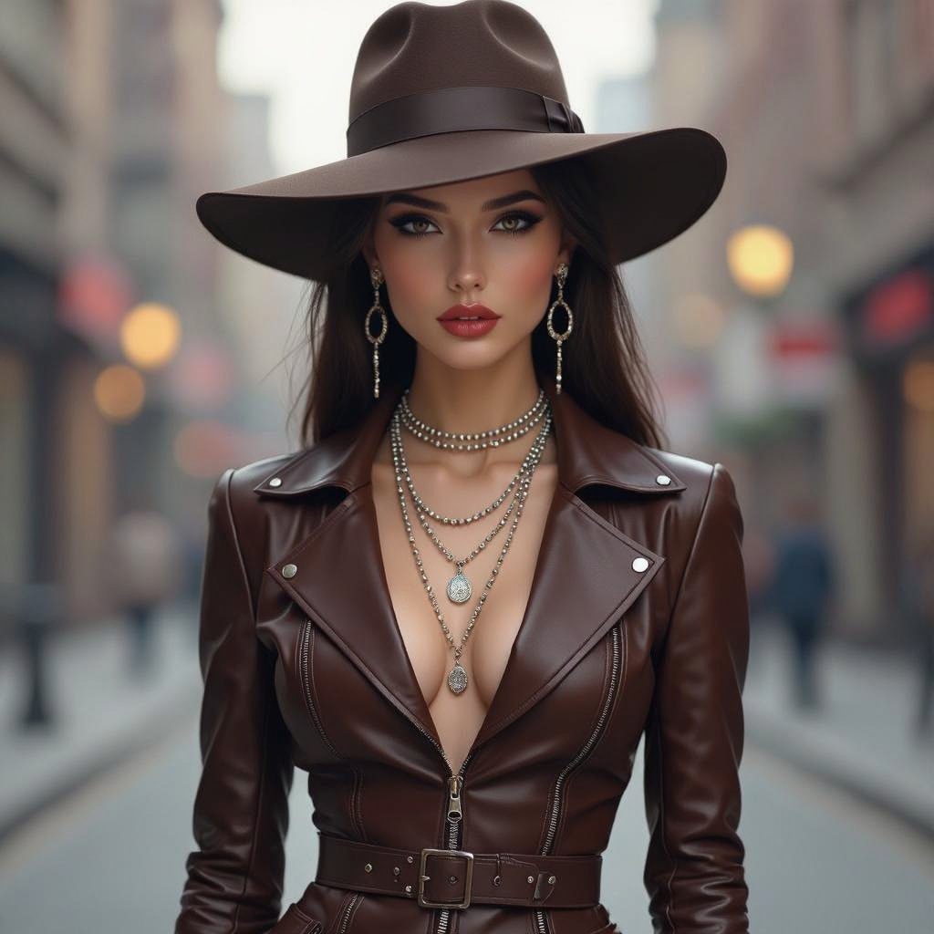 A woman wearing a brown fedora and a plunging brown leather jacket, adorned with layered necklaces, stands on a city street.