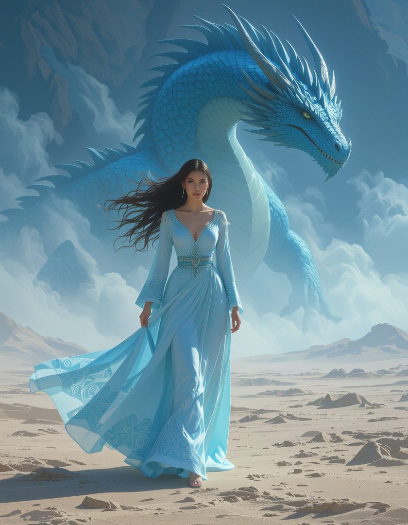 A woman in a flowing blue dress stands in a desert landscape with a large blue dragon behind her.