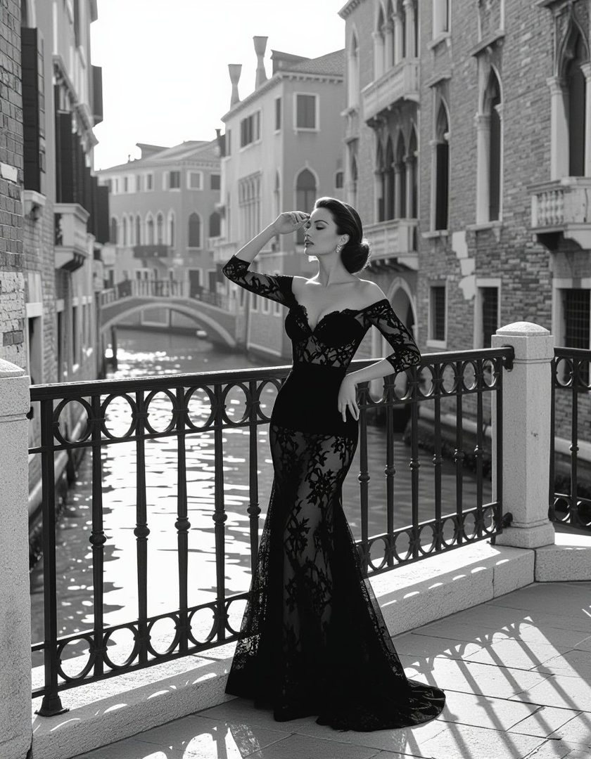 A woman in a black lace gown poses on a bridge in Venice.