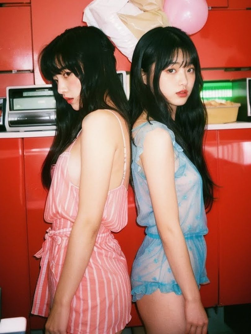 Two young women in pastel lingerie stand back-to-back in a red room.
