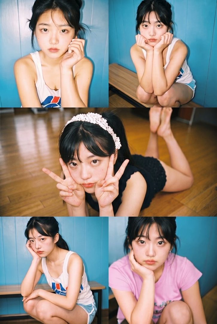 A collage of five portraits of a young East Asian woman with black hair styled in buns and ponytails, wearing casual outfits like a tank top and shorts, posing playfully and thoughtfully indoors.