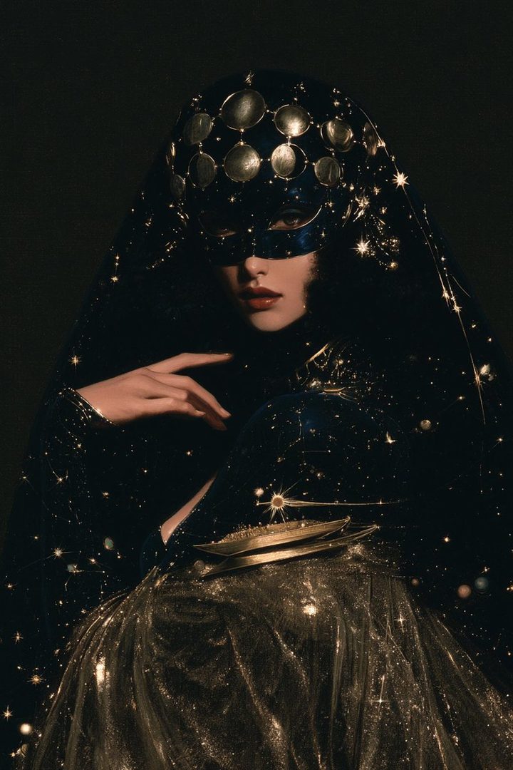 A woman in a dark, star-patterned outfit and a mask, with a celestial-themed headdress, posing elegantly.