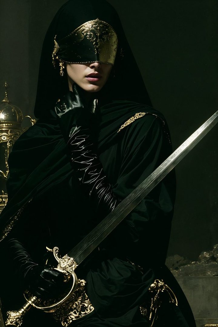 A person in a black hooded cloak and a golden mask holds a ornate sword, posing dramatically in a dark, opulent setting.