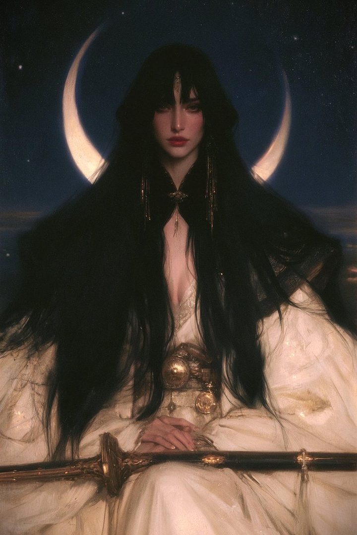 A photorealistic portrait of a woman with long black hair and bangs, wearing a white dress and a hooded cloak, sitting in front of a crescent moon and starry night sky, holding a sword.