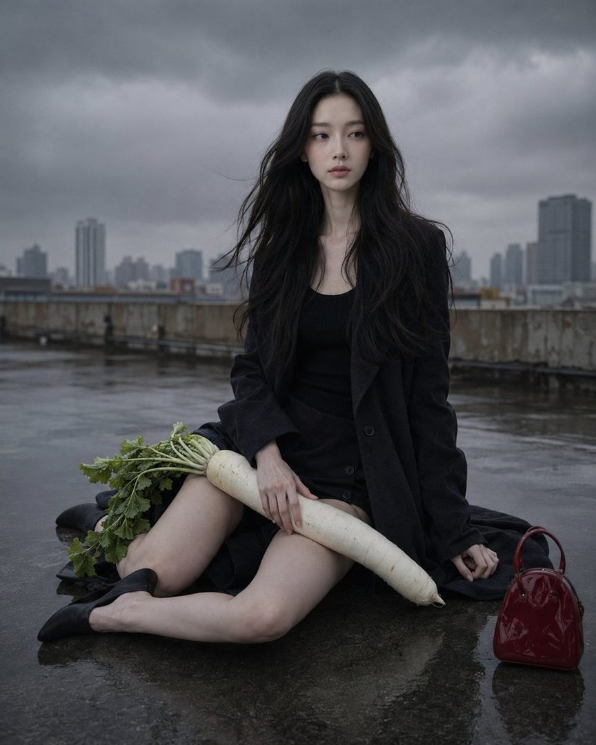 A woman with long black hair sits on a wet rooftop with a daikon radish in her lap, wearing a black coat and dress, with city buildings in the background.