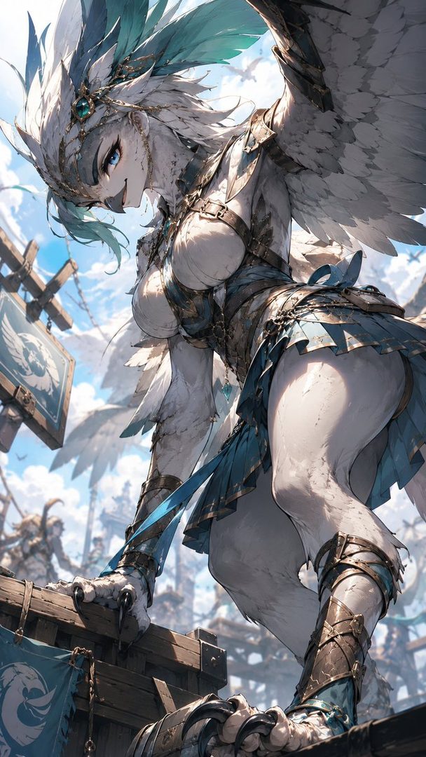 A beautiful winged humanoid with white feathers and blue accents, wearing a fantasy-inspired outfit, poses suggestively outdoors.