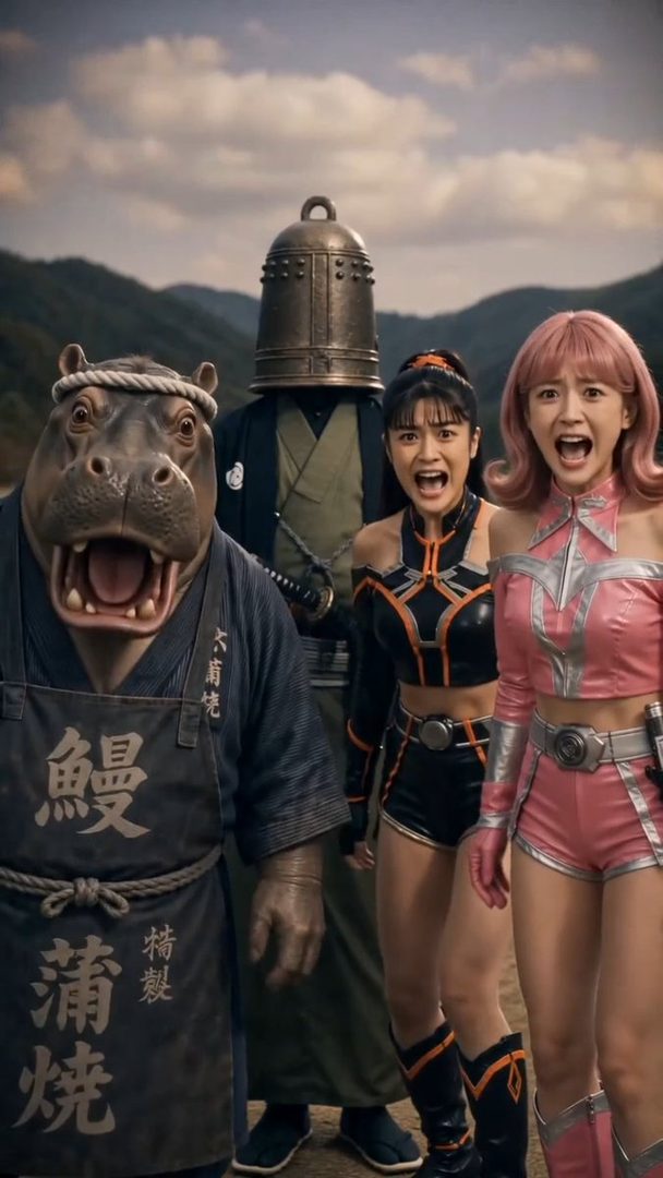 A group of four characters, including a hippo-man in an apron, a person with a bell for a head, and two women in colorful outfits, posing with surprised expressions outdoors.