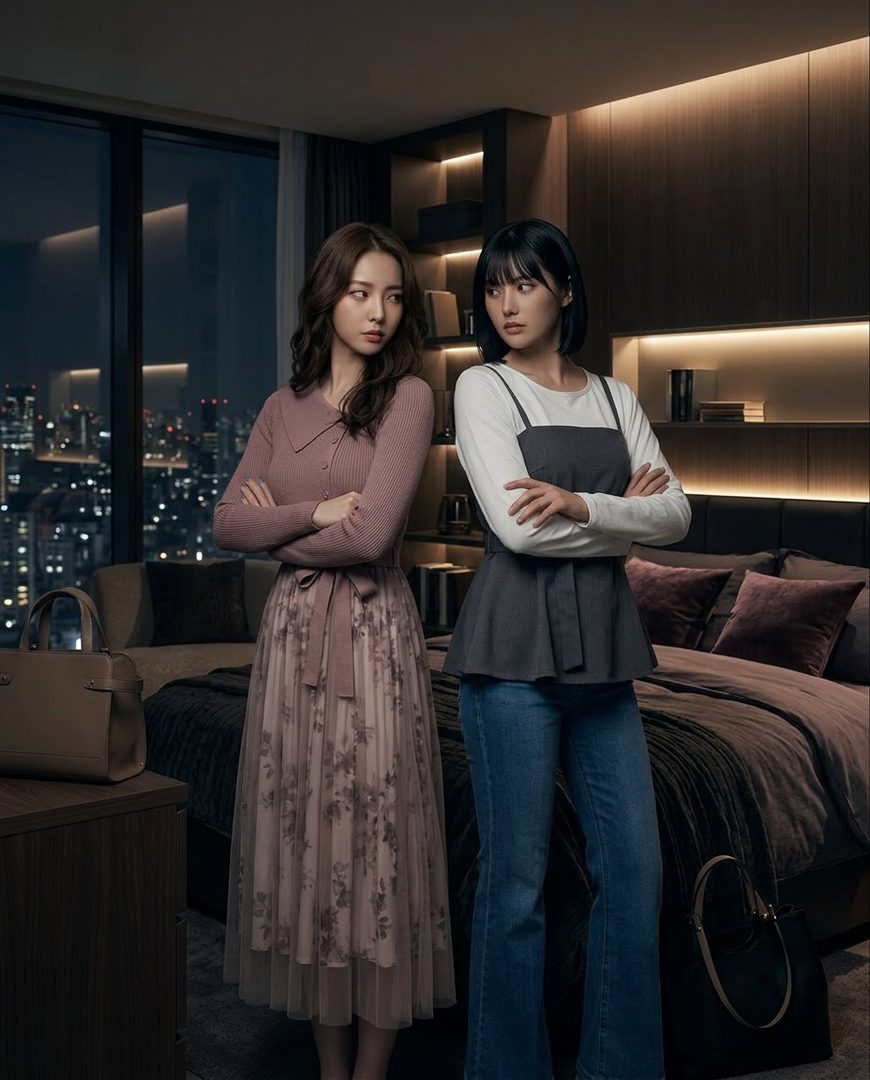 Two young women stand in a stylish bedroom with a city view at night, looking away from each other.