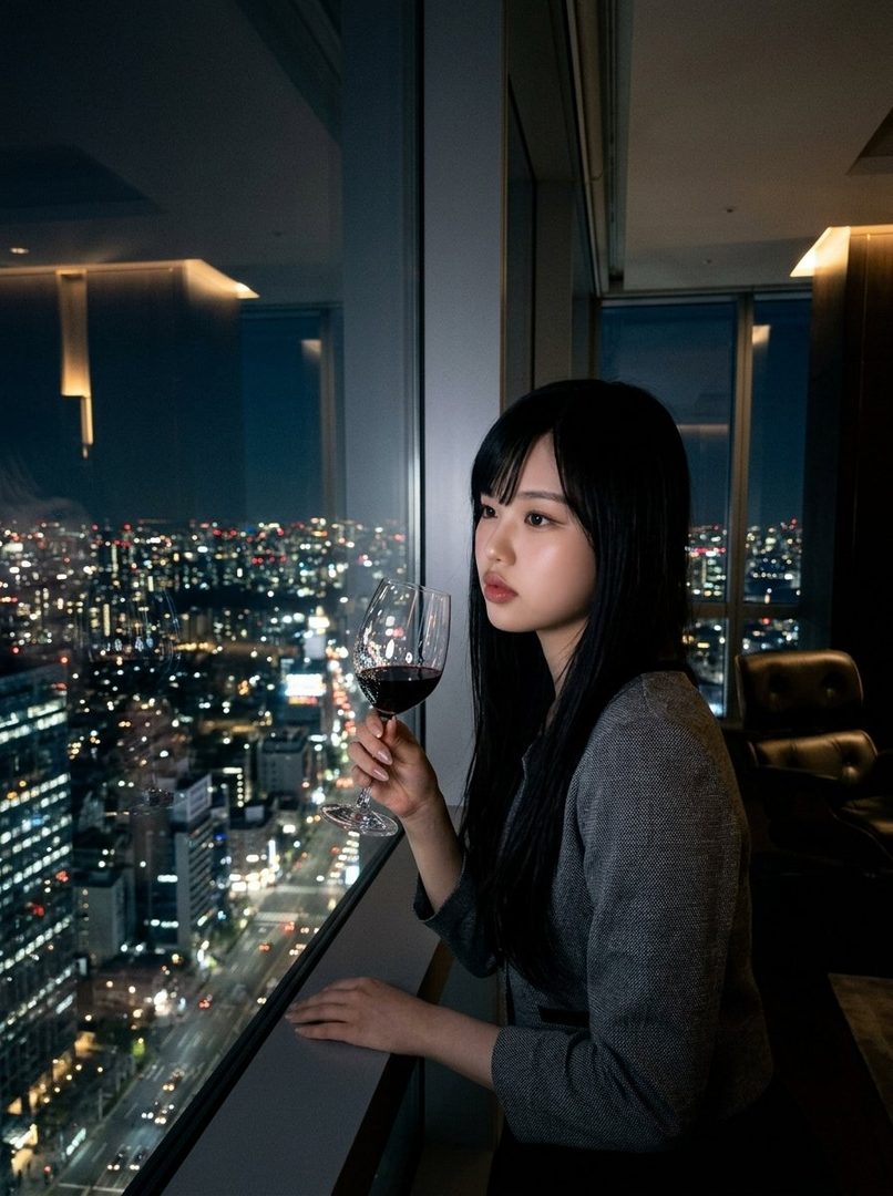 A young woman with long black hair, wearing a grey jacket, holds a glass of red wine and looks out at a city skyline at night from a high-rise window.
