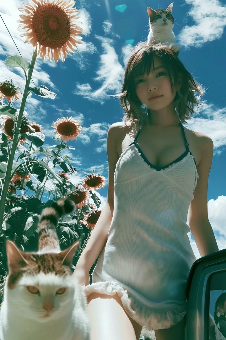 A young woman in a white halter top stands in a field of sunflowers with two cats, one on her head and one in the foreground.