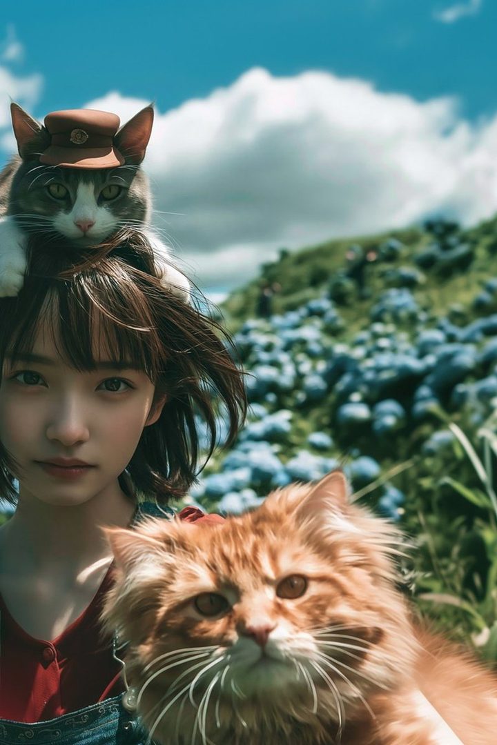 A young woman with short brown hair and bangs, holding a fluffy orange cat, with another cat wearing a small hat on her head, in a field of blue flowers under a cloudy sky.