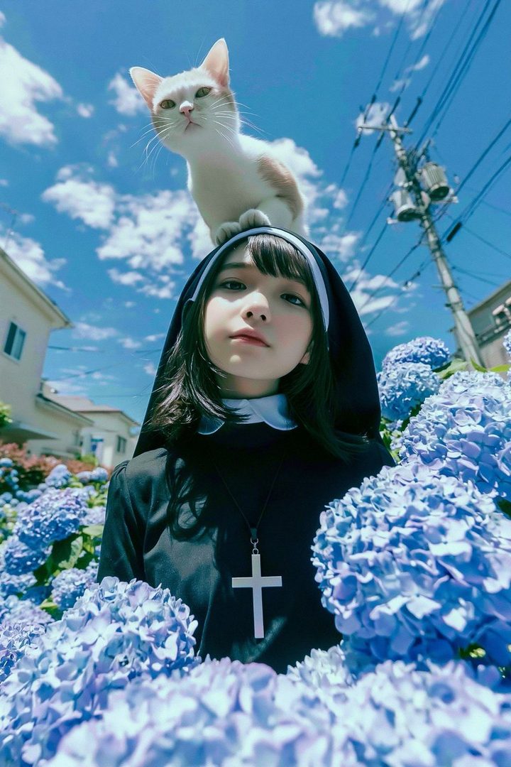 A young woman dressed as a nun, with a cat perched on her head, stands among blue hydrangeas under a cloudy sky.