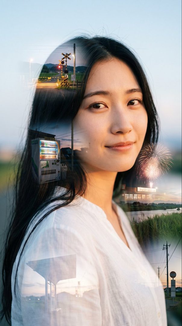 Double exposure portrait of a young East Asian woman with long black hair, wearing a white blouse, with overlaid scenes of a rural train crossing, a vending machine, fireworks, and a river at sunset.