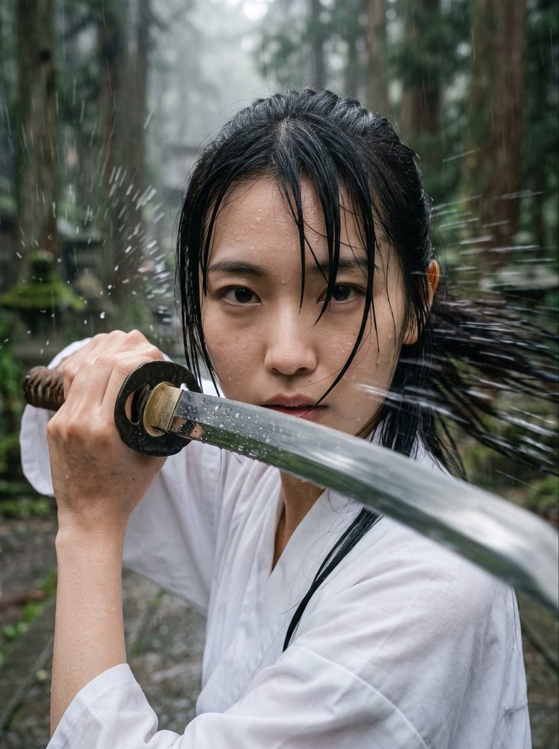 A young East Asian woman with wet black hair holds a katana in the rain, looking directly at the camera.