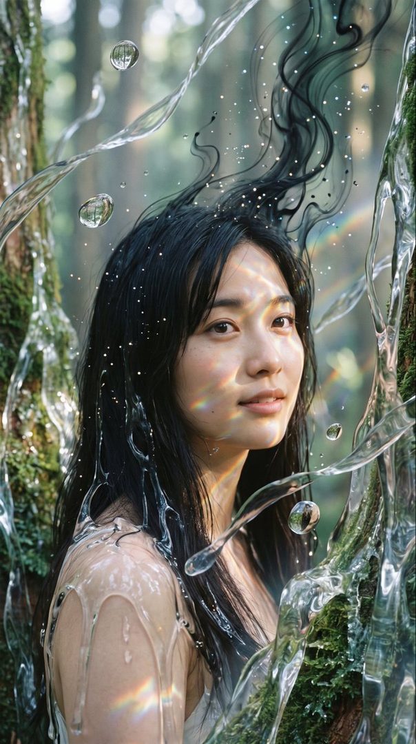 A young East Asian woman with long black hair is depicted in a surreal forest setting, surrounded by flowing water and sparkling particles, with sunlight casting colorful reflections on her face.