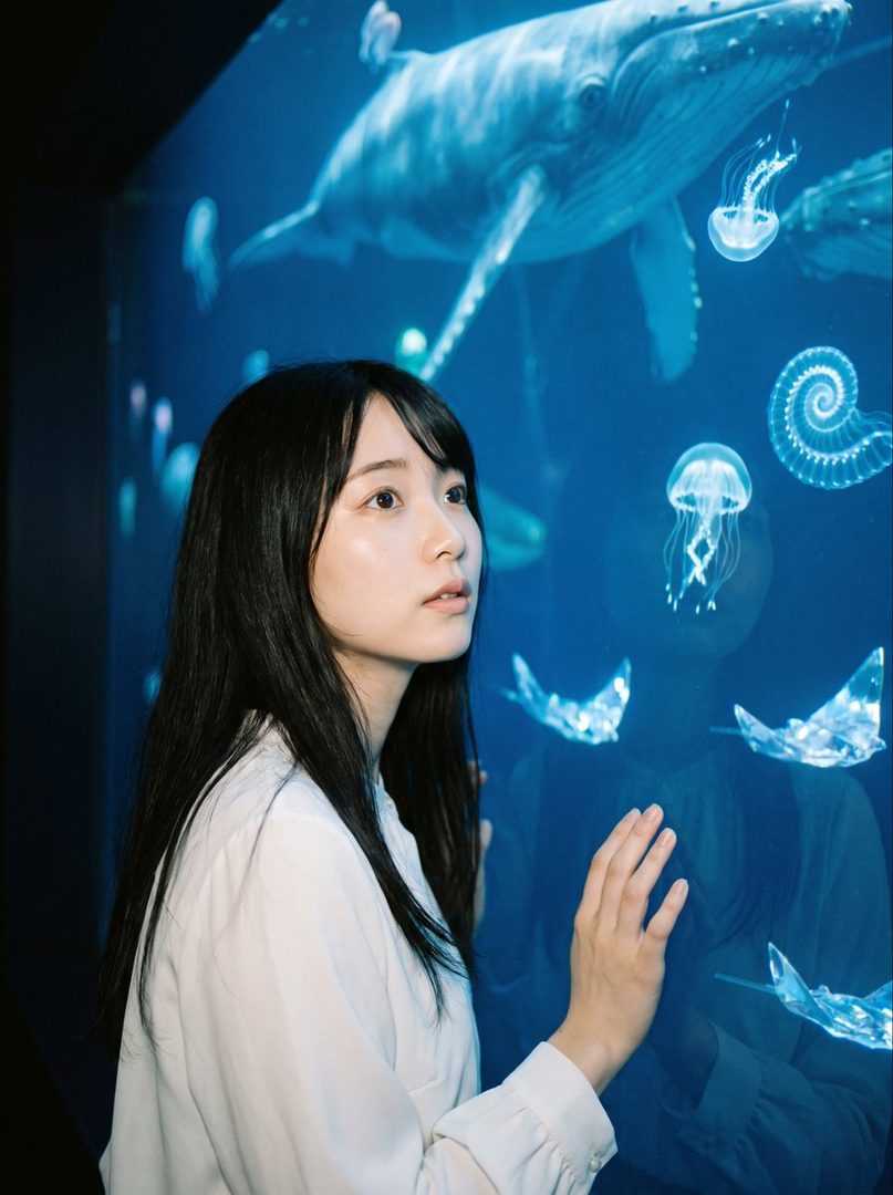 A young East Asian woman with long black hair looks at a whale and jellyfish in an aquarium.
