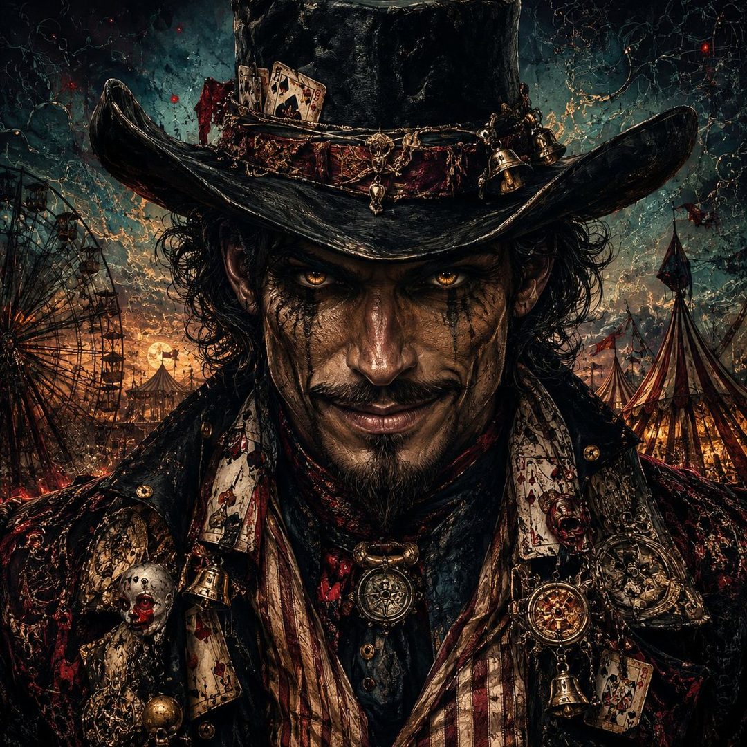 A dark, cinematic portrait of a man in a cowboy hat with a sinister expression, set against a carnival background at night.