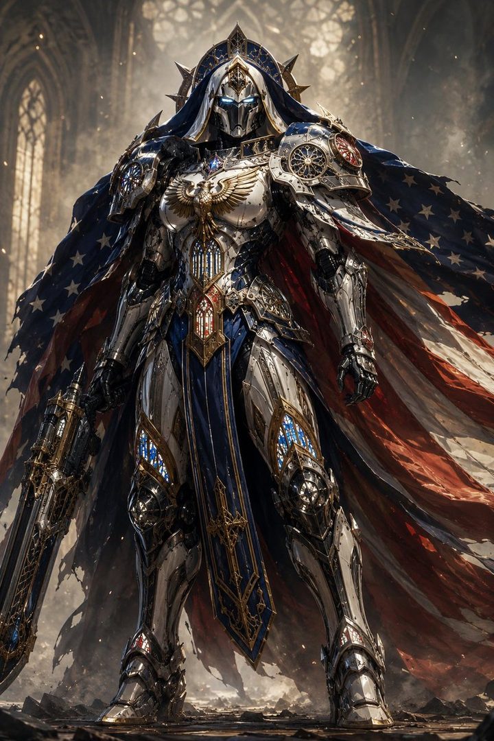 A majestic, armored figure resembling a nun with a patriotic American flag cape, standing in a grand, gothic hall.