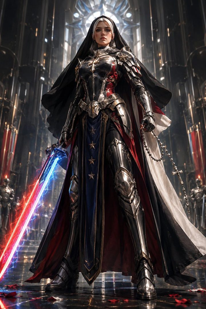 A powerful AI-generated portrait of a warrior nun in ornate armor, holding a glowing sword and rosary, standing in a grand cathedral.