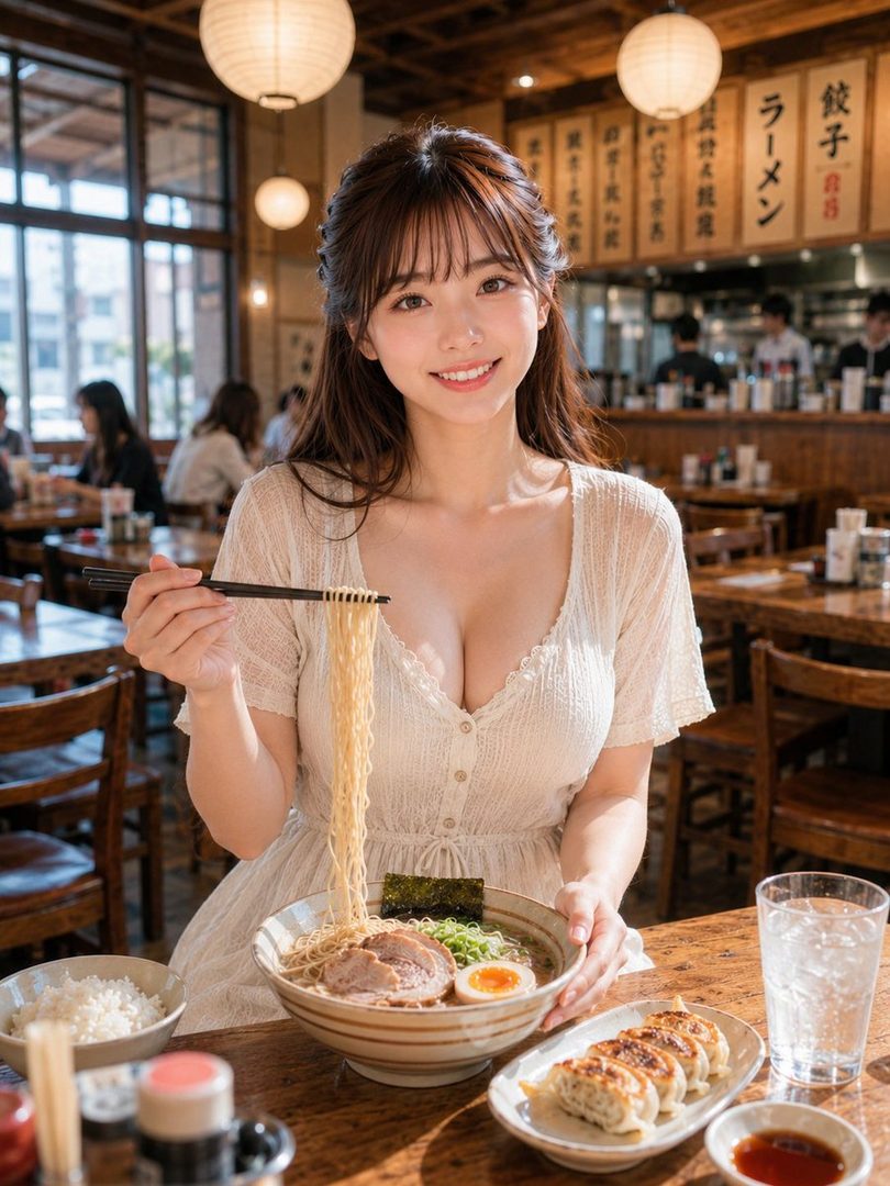 A smiling East Asian woman in a white dress is eating ramen with chopsticks in a Japanese restaurant.