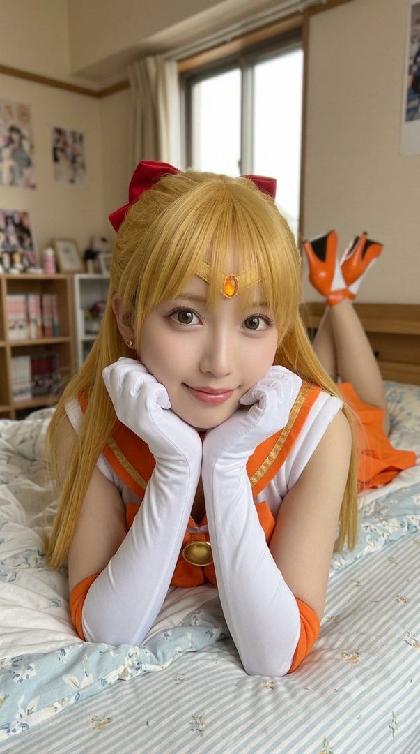 A young woman with long blonde hair, dressed as Sailor Venus, poses playfully on a bed.