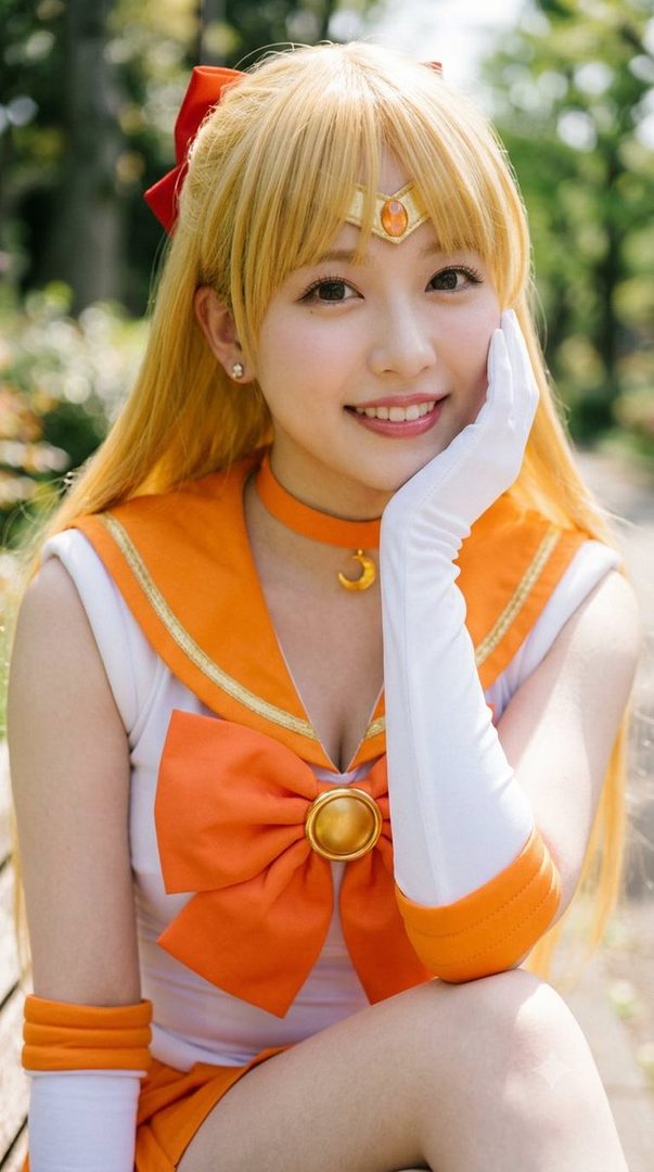 A young woman in a Sailor Venus cosplay smiles gently, resting her chin on her hand, outdoors.