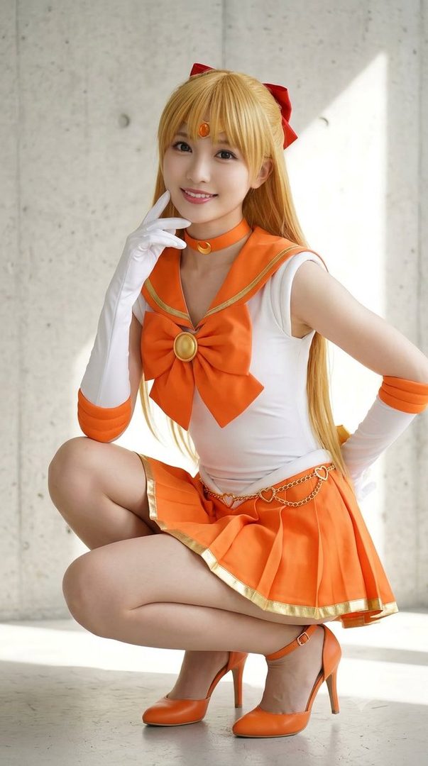 A young woman in a Sailor Venus cosplay, with blonde hair and an orange and white sailor uniform, crouching indoors.