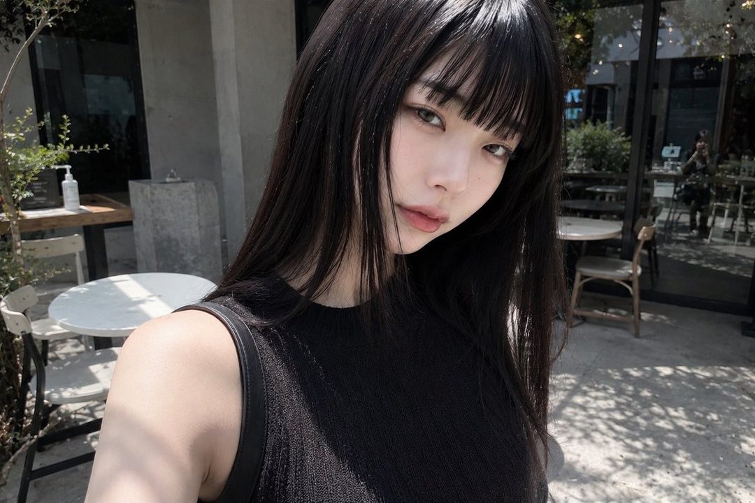 A young East Asian woman with long black hair and bangs, wearing a black sleeveless top, takes a selfie outdoors in front of a cafe.