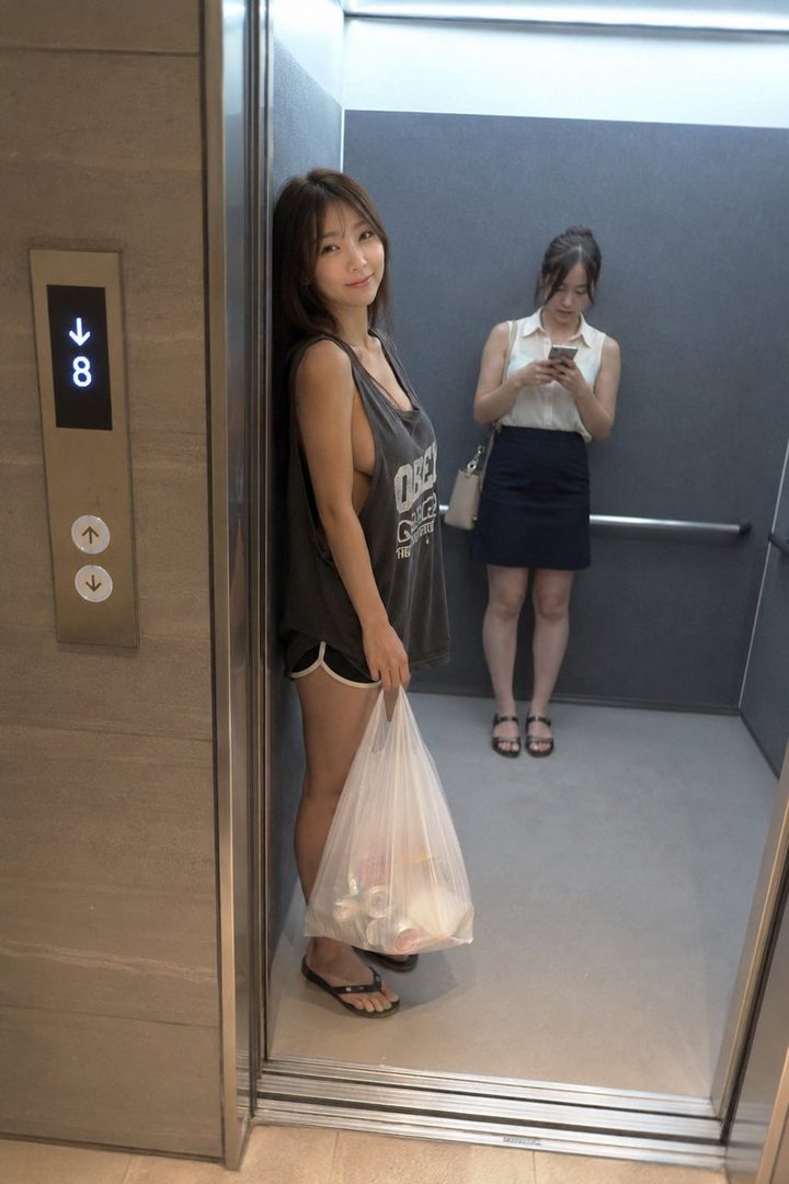A young woman in a tank top and shorts leans against the wall of an elevator, holding a plastic bag. Another woman stands behind her, looking at her phone.