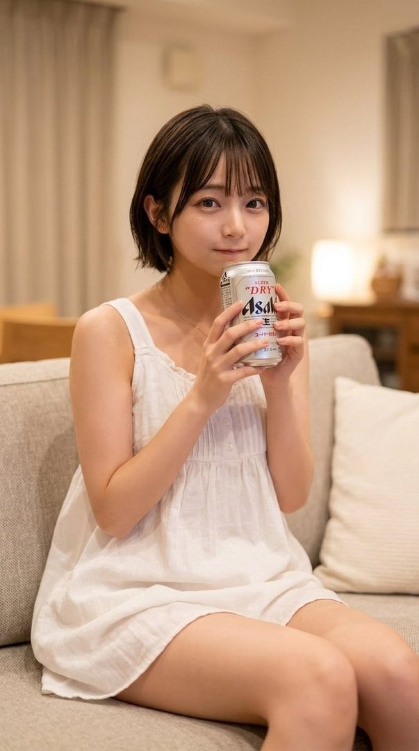 A young woman with short black hair and bangs, wearing a white casual dress, sits on a sofa indoors and holds a can of Asahi beer.