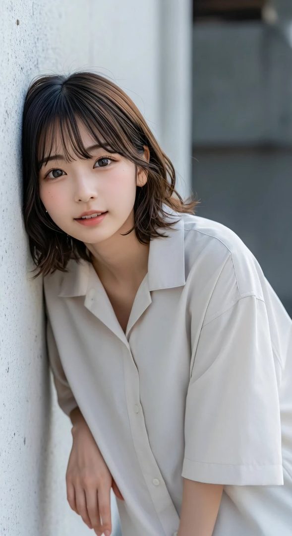 A young East Asian woman with short brown hair and bangs, wearing a light-colored collared shirt, leans against a textured wall outdoors.