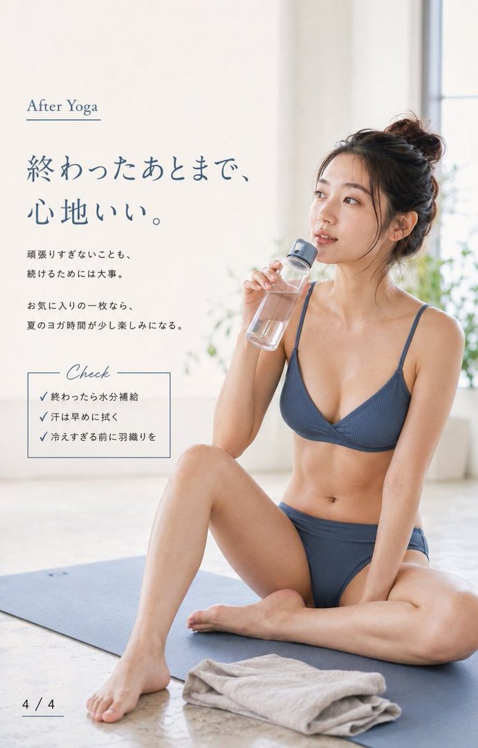 A woman in a blue sports bra and briefs sits on a yoga mat, drinking water after a workout.