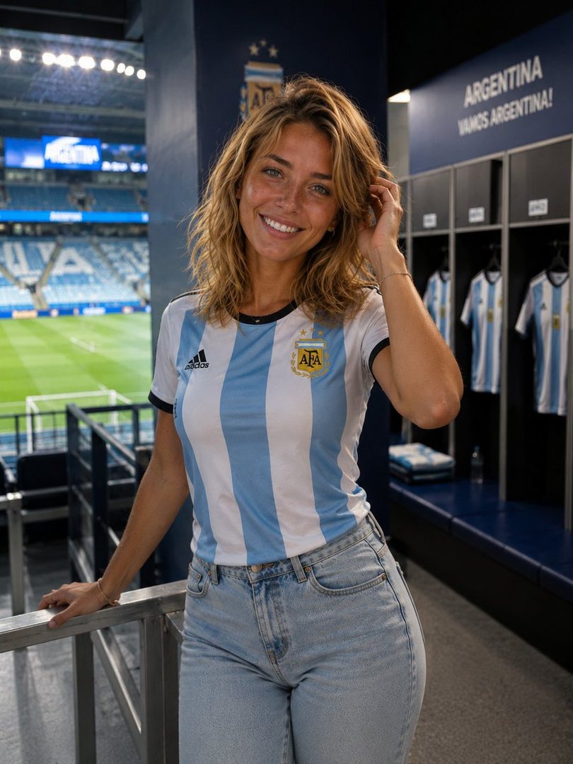 A smiling woman with blonde wavy hair, wearing an Argentina national football team jersey and jeans, poses in a stadium locker room with the pitch visible in the background.