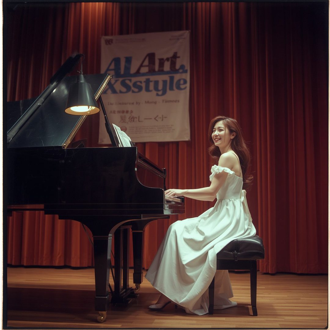 A young woman with long brown hair, wearing a white off-the-shoulder dress, smiles as she plays a grand piano on a stage with red curtains.